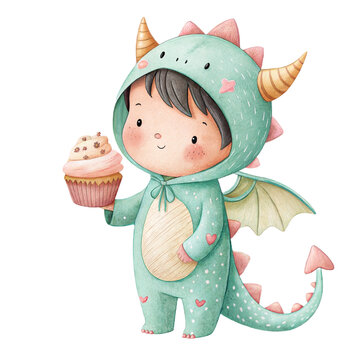 Cute watercolor illustration of a friendly child in a green dragon costume holding a cupcake isolated