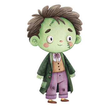 Cute watercolor illustration of a friendly child in a Frankenstein monster costume isolated