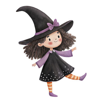 Cute watercolor illustration of a friendly child in a witch costume with curly hair isolated