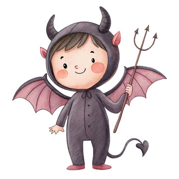Cute watercolor illustration of a friendly child in a devil costume with a pitchfork isolated