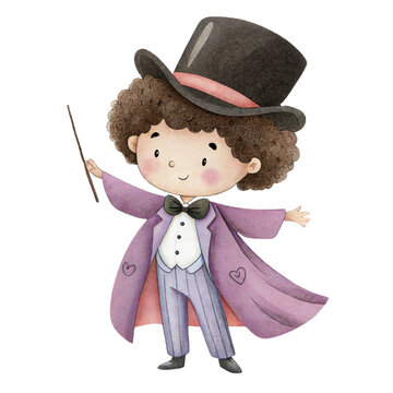 Cute watercolor illustration of a friendly child in a magician costume with a top hat isolated