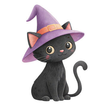 Cute watercolor illustration of a friendly black cat wearing a witch hat isolated