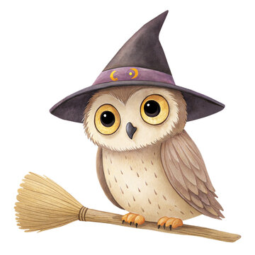 Cute watercolor illustration of a friendly owl wearing a witch hat sitting on a broom isolated