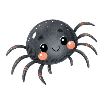 Cute watercolor illustration of a friendly spider with rosy cheeks isolated