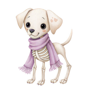 Cute watercolor illustration of a friendly puppy with a skeleton and purple scarf isolated