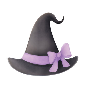 Cute watercolor illustration of a friendly witch hat with a purple ribbon and bow isolated