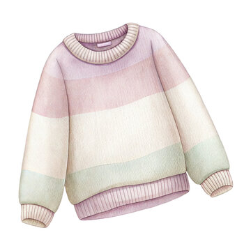 Cute watercolor illustration of a cozy striped sweater in pastel colors isolated