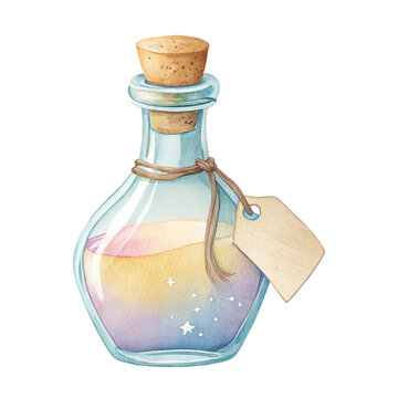 Cute watercolor illustration of a magic potion bottle with colorful liquid and tag isolated