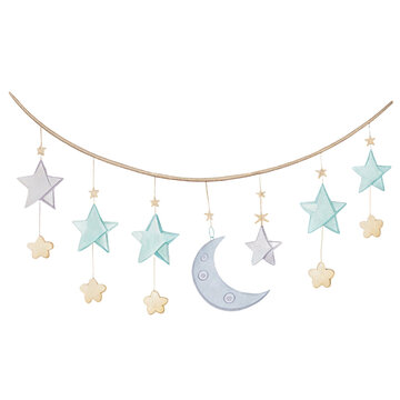 Cute watercolor illustration of a pastel garland with stars and moon hanging on a rope isolated