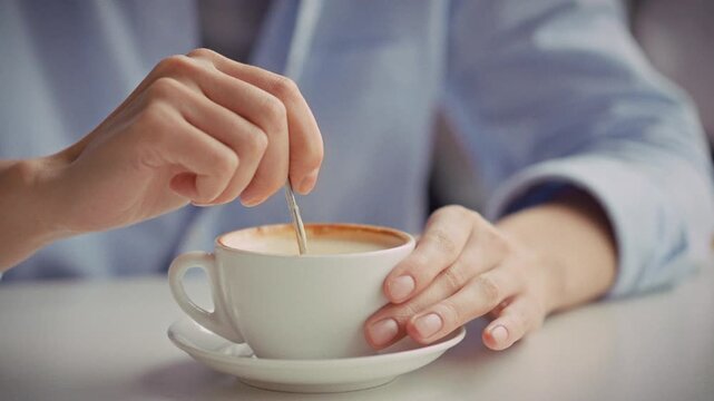 In a coffee shop bathed in natural daylight, a girl sits at a table, stirring a cappuccino in a ceramic cup with a spoon, blending the foam as part of routine beverage preparation, concept