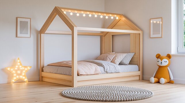 Bright modern minimalist kids bedroom with house shaped solid light wood bed frame, warm string lights, round woven rug, cozy neutral scandinavian children room