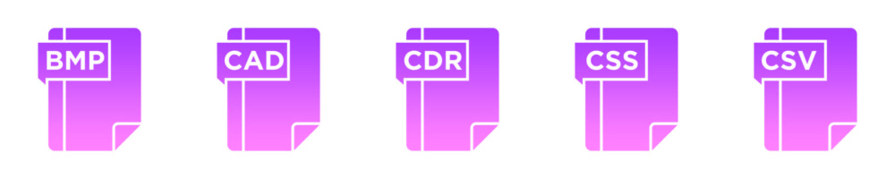 Set of purple gradient file format icons including BMP, CAD, CDR, CSS and CSV extensions