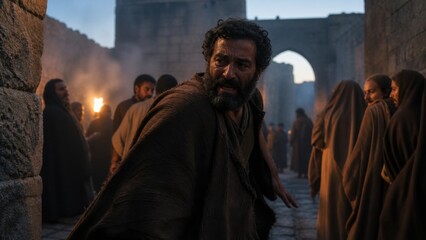 Fototapeta premium Bearded man in biblical robe looking back while following crowd with torch in ancient Jerusalem street at night. Peter follows Jesus after arrest. Bible story of betrayal and fear