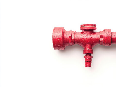 Red industrial pipe section with water droplets on surface. Isolated metal plumbing component against a clean white background.