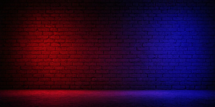 Red and blue lighting effect on brick wall for party background  