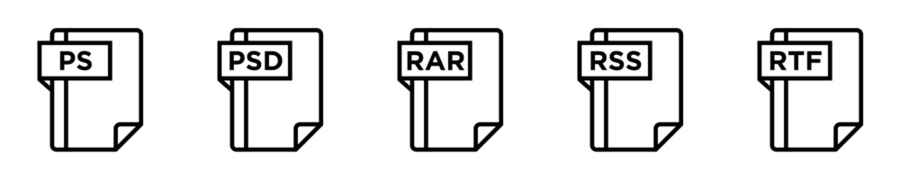 Set of digital file format icons including PS, PSD, RAR, ASS and RTF document extensions