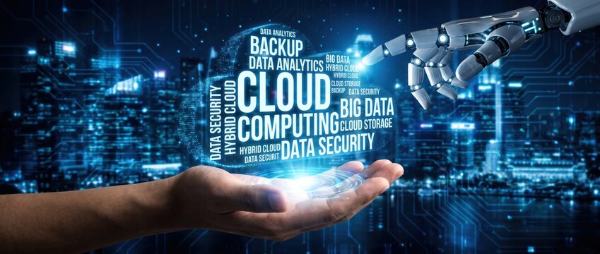 Innovative vision of cloud computing featuring a robotic hand engaging with data protection and analytics within a modern digital landscape