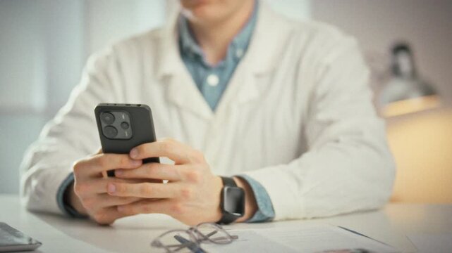 In modern medical office, young doctor sits at his desk, eyes on sleek smartphone. He types concise text, illustrating how contemporary technology streamlines communication patient care in medicine