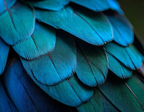 Close-up of vibrant blue and green feathers, textured, layered, hinting avian form