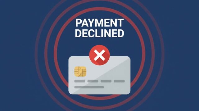 Animation of a digital credit card payment process showing a transaction failed error message icon with transitioning loading state video animated credit transactional notification