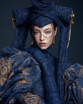 avant garde fashion portrait of beautiful woman wearing elaborate royal blue textured haute couture headpiece and matching heavy golden embroidered gown against dark cinematic background