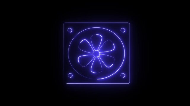 A glowing blue neon icon of a computer cooling fan against a black background.