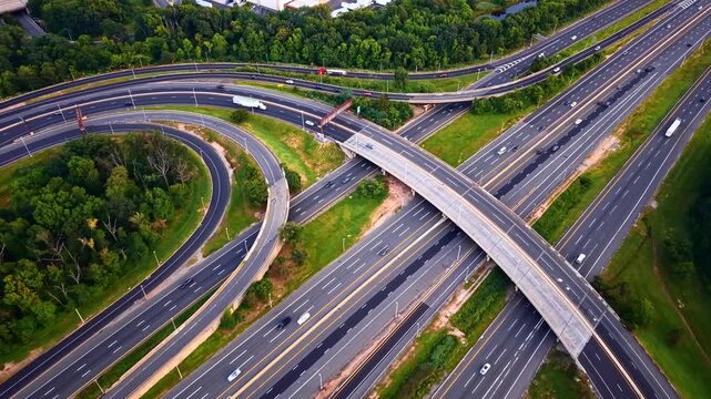 Drone view of highway interchange with merging ramps. Aerial shot of curved overpass bridge crossing multilane freeway with cars, trucks and green surroundings. Garden State Parkway