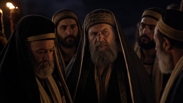 Group of jewish priests and pharisees in dark robes at night. Biblical scene of chief priests and elders conspiring against Jesus. Passion of Christ, Good Friday concept.