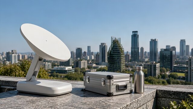 Satellite Communication Equipment on Rooftop Overlooking a Modern City Skyline