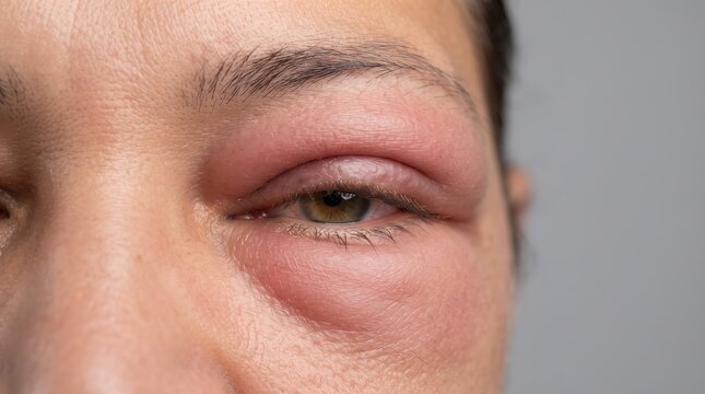 Close up of severely swollen inflamed eye showing allergic reaction or blepharitis infection