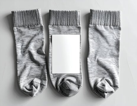 Three gray socks laid flat with a blank white rectangular label in the middle