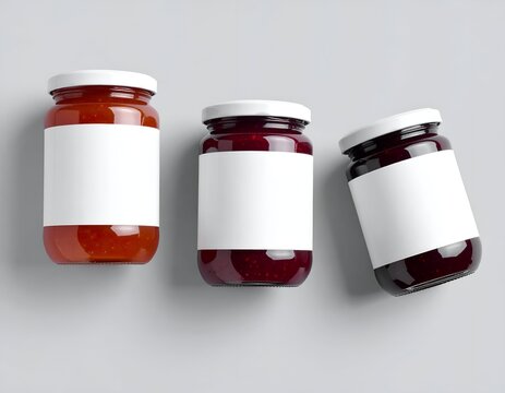Three jars of preserves, various colors, with white labels and lids, on a gray surface