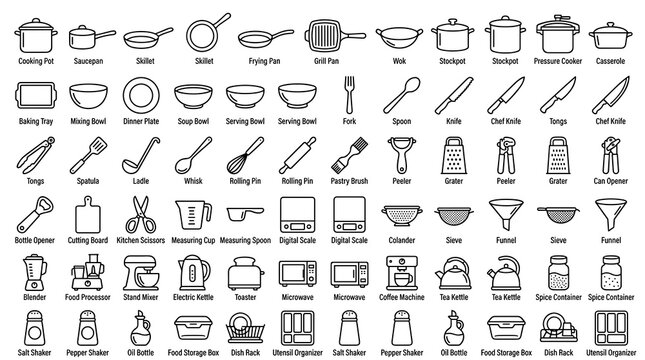 Modern Kitchen Essentials Outline Icon Collection Featuring Cookware, Cutlery, Cooking Tools, Appliances, Baking Equipment, and Food Preparation Symbols