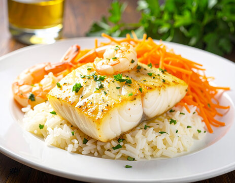 White fish sauteed with shrimp in garlic butter with rice and shredded carrots.