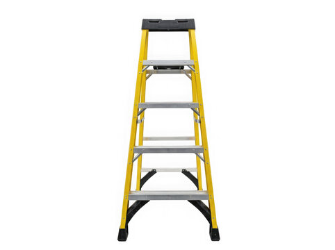 yellow fiberglass folding step ladder construction equipment isolated on transparent background