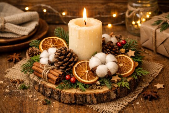 Rustic christmas candle centerpiece with dried orange pine cones cotton and cinnamon for holiday table centerpiece background and seasonal decor