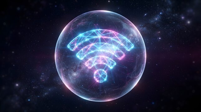Futuristic WiFi Symbol Glowing Inside Transparent Sphere in Space