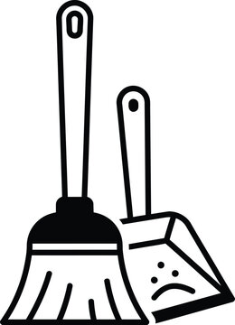 Black and white icon of a cleaning broom and a dustpan with a sad face design