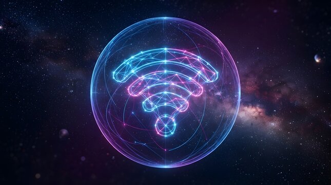 Futuristic WiFi Symbol Glowing Inside Transparent Sphere in Space