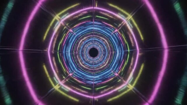 Abstract tunnel with colorful glowing rings creating a futuristic motion and reflecting a dazzling visual experience