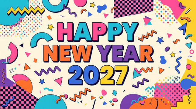 Colorful happy new year 2027 greeting card design with retro memphis style geometric shapes and vibrant patterns