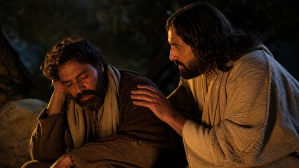 Fototapeta premium Jesus Christ comforting sleeping disciple in garden of Gethsemane at night. Biblical scene of prayer and sorrow in olive garden. Christian faith, Holy Week and Easter concept