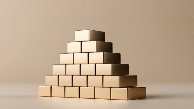 Symmetric pyramid stack of polished golden rectangular blocks on neutral beige background, conceptual 3d visual for growth and business structure