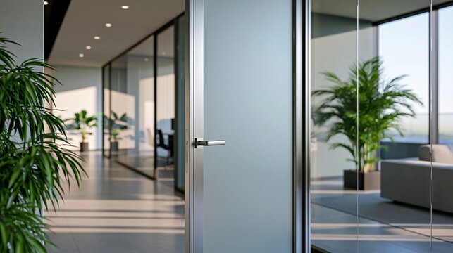 Modern glass office interior with hallway and plants for workspace design