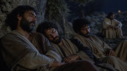 Obraz premium Tired disciples sleeping in Gethsemane garden while Jesus Christ prays alone at night. Biblical gospel scene of prayer, faith and temptation on Mount of Olives. Easter story