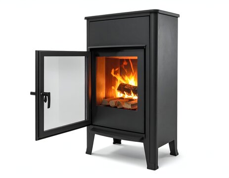 A black, upright fireplace with an open glass door revealing burning logs