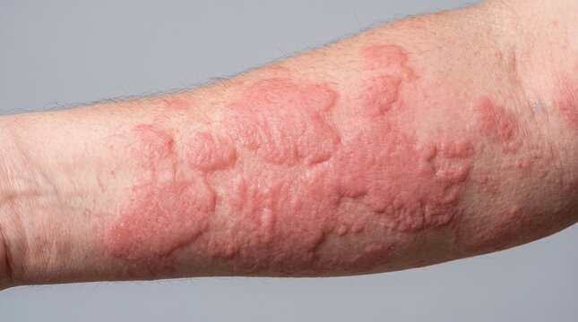 Close Up of Severe Allergic Reaction with Hives and Urticaria Welts on Forearm