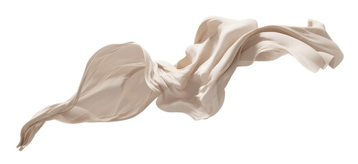 Beige sheer chiffon fabric flowing isolated on transparent background with copy space 3D render
