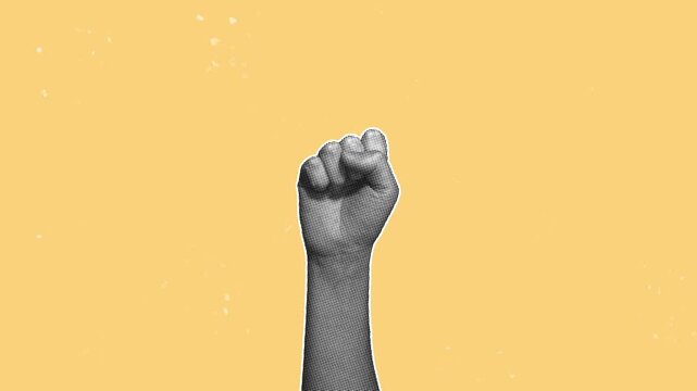 Hand unfolding from fist into crossed fingers gesture on peach background, halftone pop art stop motion loop animation, hope and luck concept.