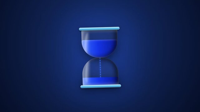 A vibrant blue glass hourglass measuring precious passing moments efficiently against a dark ambient indigo colored surface portraying temporal flow and productivity concepts for professionals